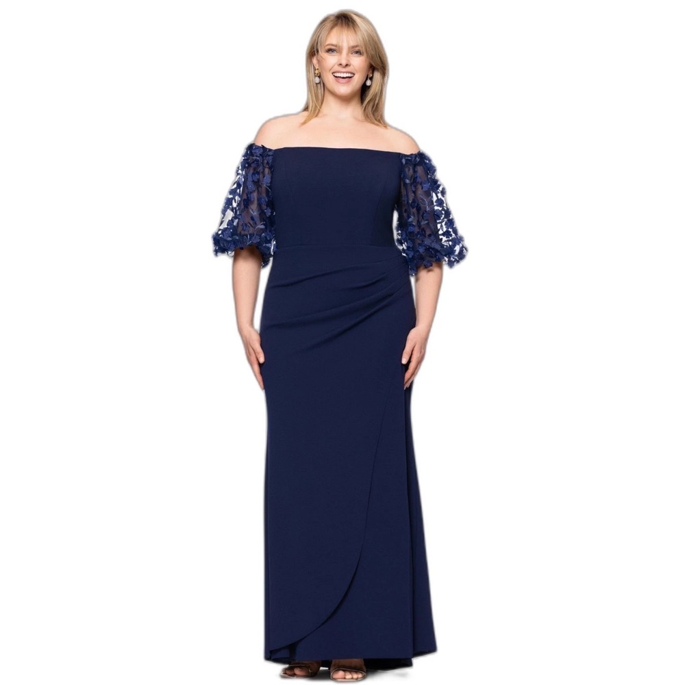 XSCAPE Navy Blue Off Shoulder 3D Floral Sleeve Ruched Gown Dress 12P‎ NEW
